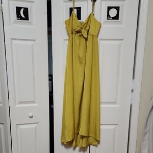 Calvin Klein Yellow strappy rushed front bow tie floor length maxi dress gown 8